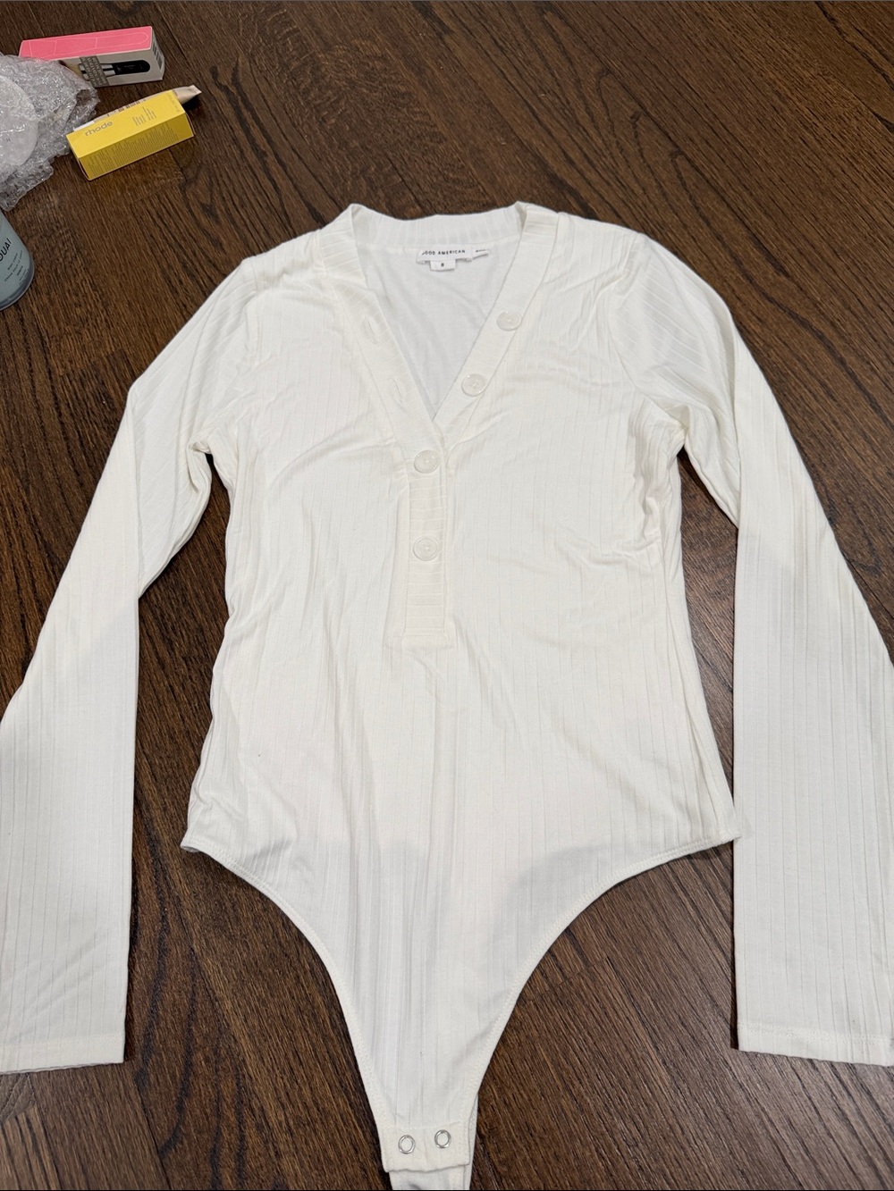 Good American Cream Ribbed Long-Sleeve Henley Bodysuit